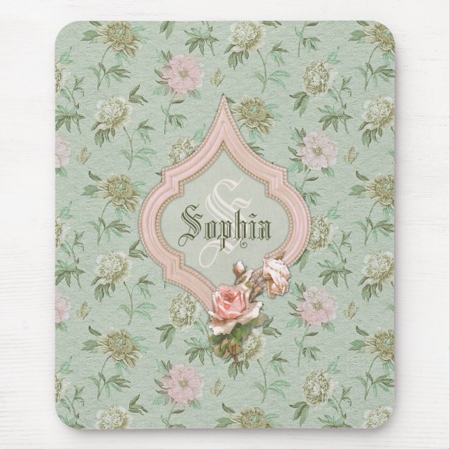 Personalised Girly Chic Green and Pink Floral Mouse Pad (Front)