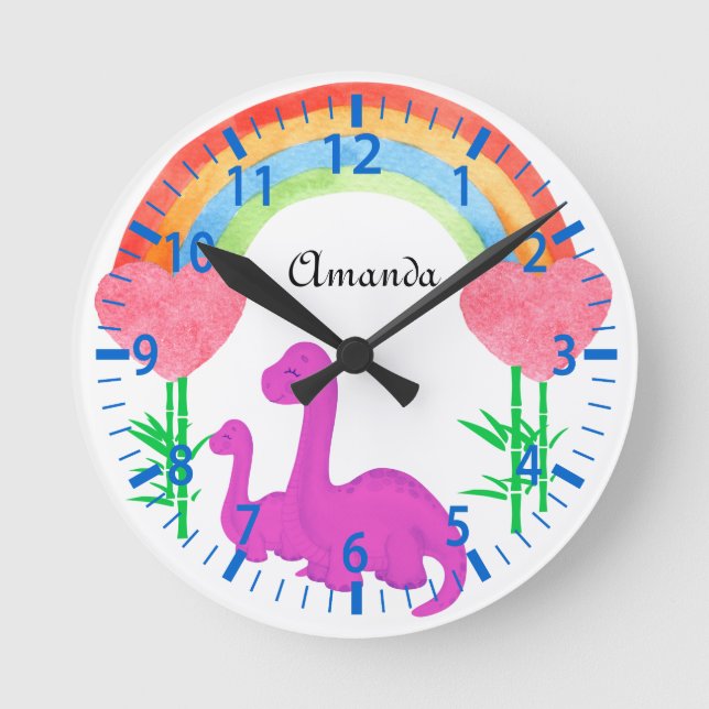 Personalised Girly Dinosaur Whimsical Bedroom Round Clock (Front)