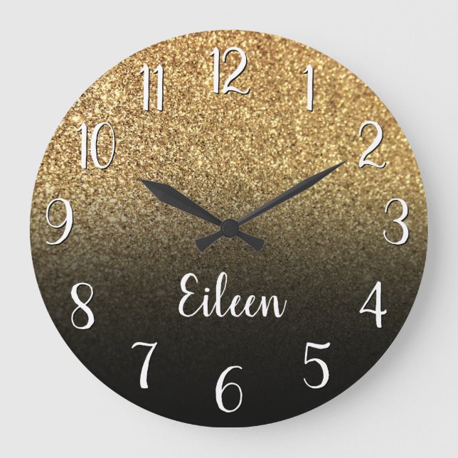 Personalised Girly Gold Glitter Black Ombre Large Clock (Front)