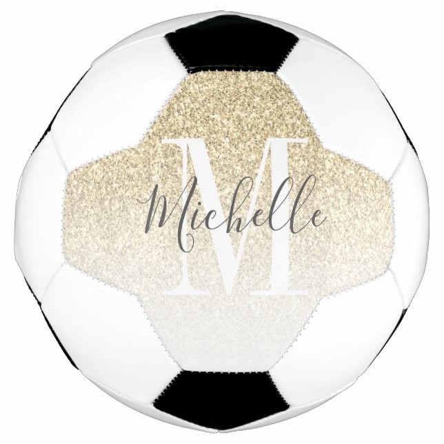 Personalised Girly Gold Glitter Monogram Name Soccer Ball (Front)
