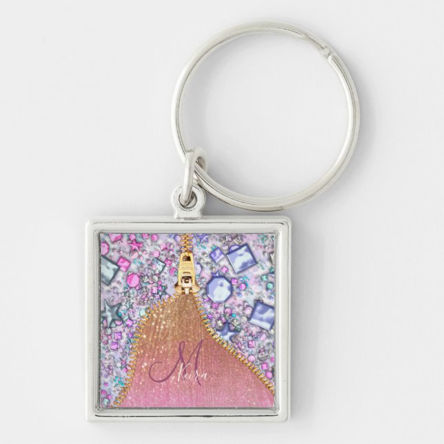 Personalised Girly Gold Glitter Monogrammed Rose Key Ring (Front)