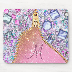 Personalised Girly Gold Glitter Monogrammed Rose Mouse Pad