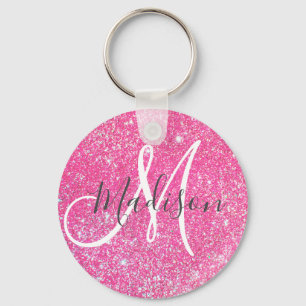 Personalised Girly Hot Pink Glitter Sparkle Name Key Ring