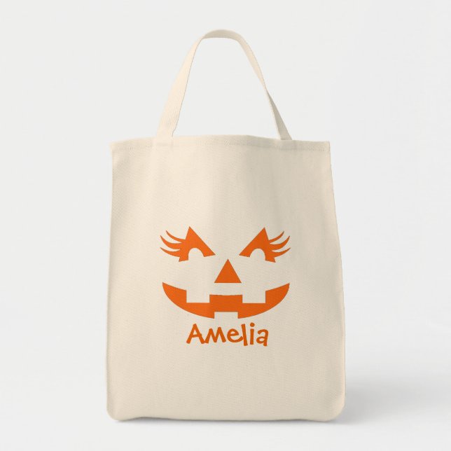 Personalised Girly Jack O Lantern Halloween Tote Bag (Front)