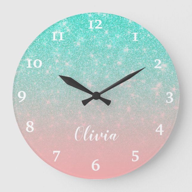 Personalised Girly Mint Pink Glitter Glam Ombre Large Clock (Front)