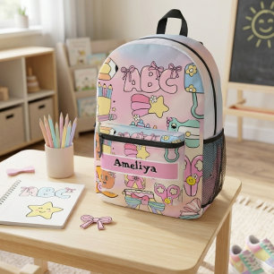 Personalised Girly Pastel ABC Icons Back to School Printed Backpack