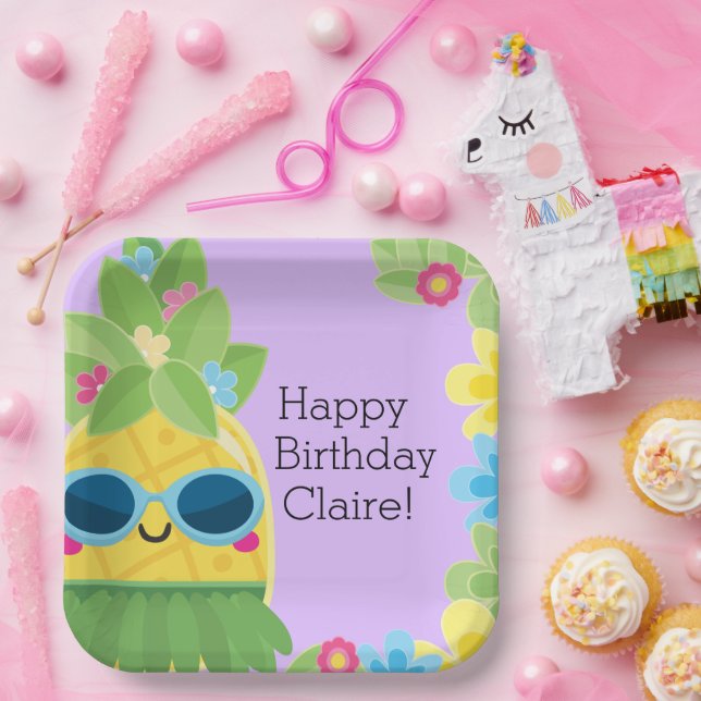 Personalised Girly Pineapple Tropical Birthday  Paper Plate (Party)