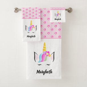 Personalised Girly Pink Cute Magical Unicorn Bath Towel Set