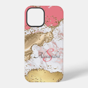 Personalised Girly Pink Glitter Agate Monogrammed iPhone 12 Pro Case