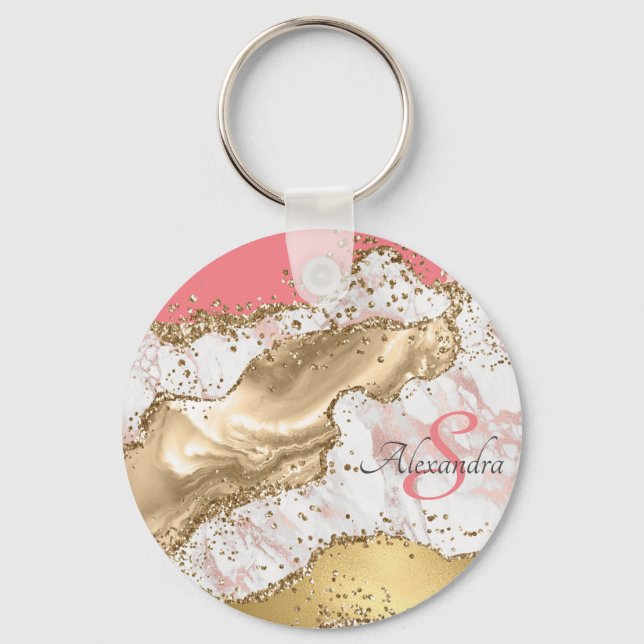 Personalised Girly Pink Glitter Agate Monogrammed Key Ring (Front)