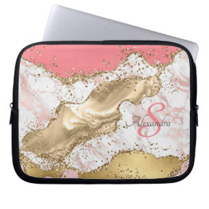 Personalised Girly Pink Glitter Agate Monogrammed Laptop Sleeve