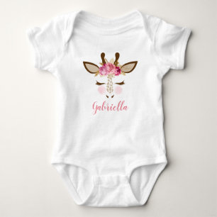 Personalised Girly Pink Gold Floral Giraffe Face Baby Bodysuit