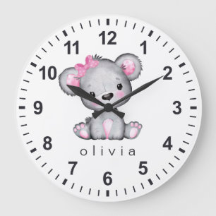 Personalised Girly Pink Teddy Bear White Large Clock