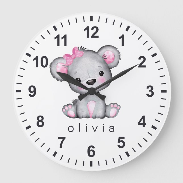Personalised Girly Pink Teddy Bear White Large Clock (Front)