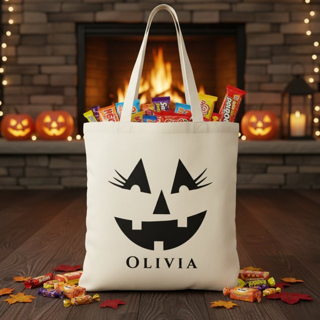 Personalised Girly Pumpkin Face Halloween Tote Bag (Personalized Girly Pumpkin Face Halloween Tote Bag - Just add your trick-or-treater's name!)