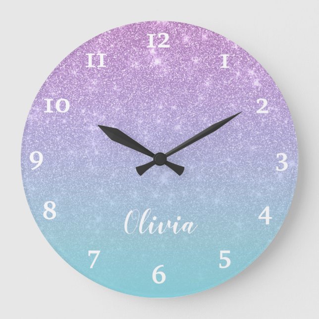 Personalised Girly Purple Blue Glitter Glam Ombre Large Clock (Front)