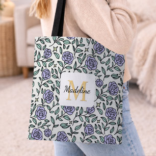 Personalised Girly Purple Cute Name Rose Green Tote Bag