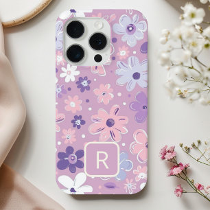 Personalised Girly Purple Flowers Pattern iPhone 15 Pro Case