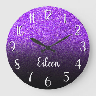 Personalised Girly Purple Glitter Black Ombre Large Clock
