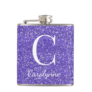 Personalised Girly Purple Sparkle Glitter Monogram Hip Flask