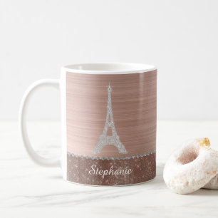 Personalised Girly Rose Gold Diamond Sparkle Paris Coffee Mug