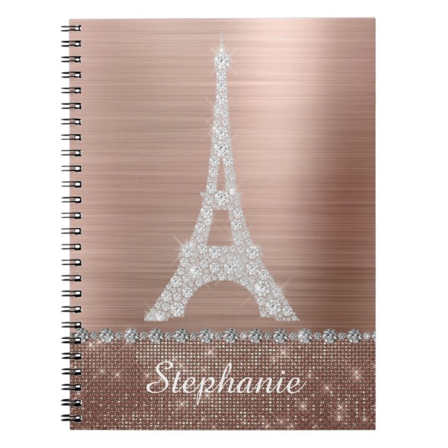 Personalised Girly Rose Gold Diamond Sparkle Paris Notebook (Front)