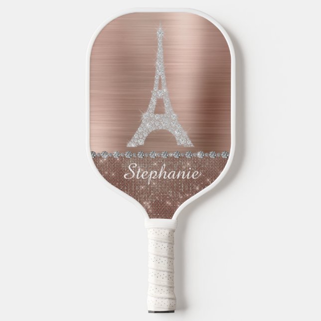Personalised Girly Rose Gold Diamond Sparkle Paris Pickleball Paddle (Front)