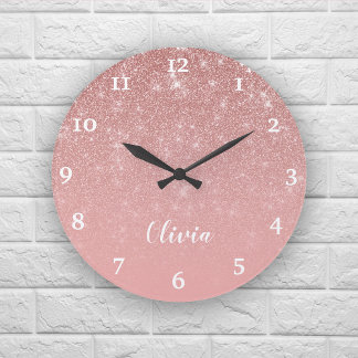 Personalised Girly Rose Gold Glitter Glam Ombre Large Clock