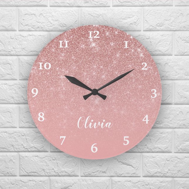 Personalised Girly Rose Gold Glitter Glam Ombre Large Clock (Creator Uploaded)
