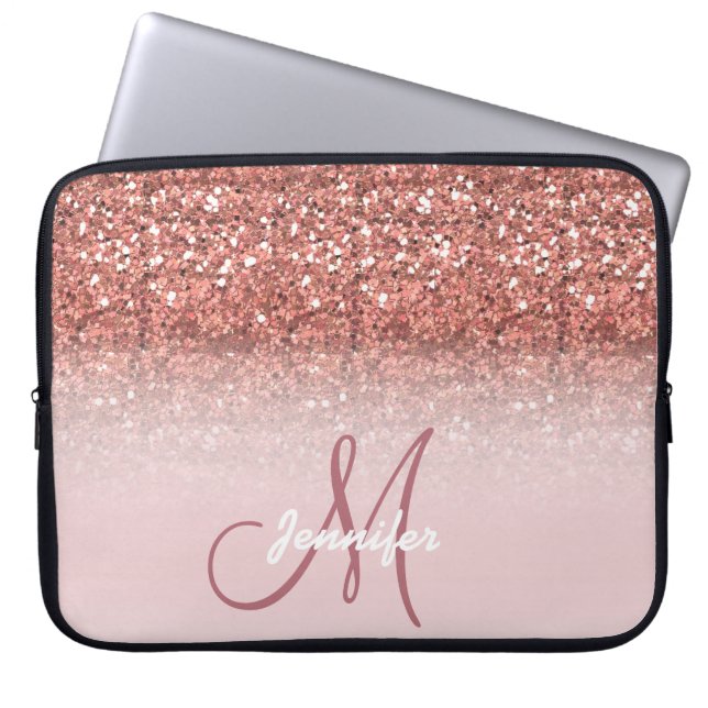 Personalised Girly Rose Gold Glitter Sparkles Name Laptop Sleeve (Front)