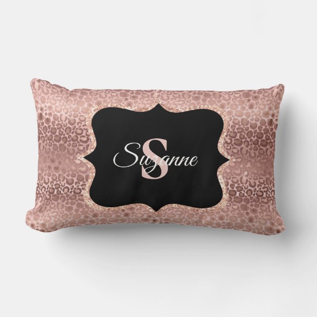 Personalised Girly Rose Gold Leopard Monogram  Thr Lumbar Cushion (Front)