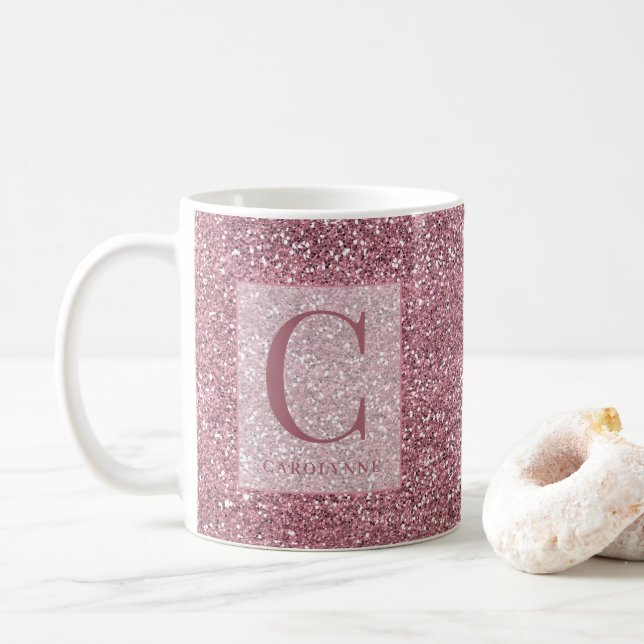 Personalised Girly Rose Gold Pink Glitter Monogram Coffee Mug (With Donut)