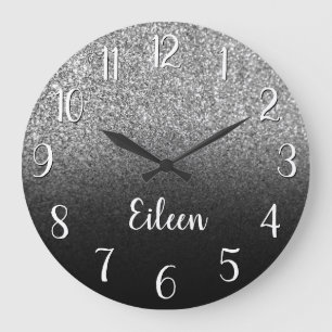 Personalised Girly Silver Glitter Black Ombre Large Clock