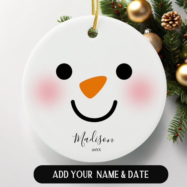 Personalised Girly Snowman Face Christmas  Ceramic Ornament (Creator Uploaded)