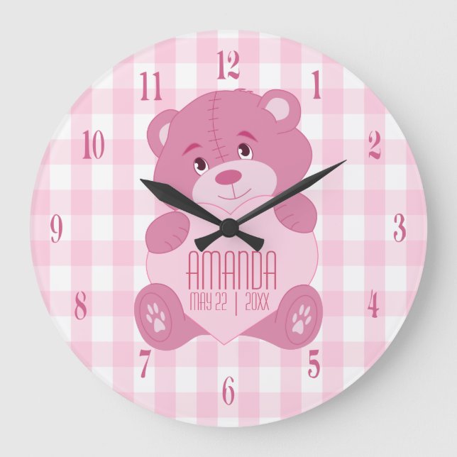 Personalised girly teddy bear with name and date large clock (Front)