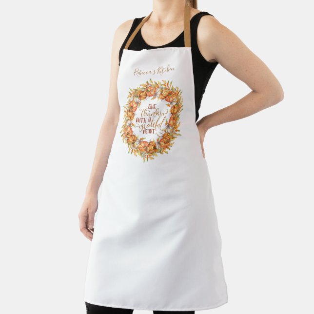 Personalised Give Thanks Pumpkin Wreath Apron (Insitu)