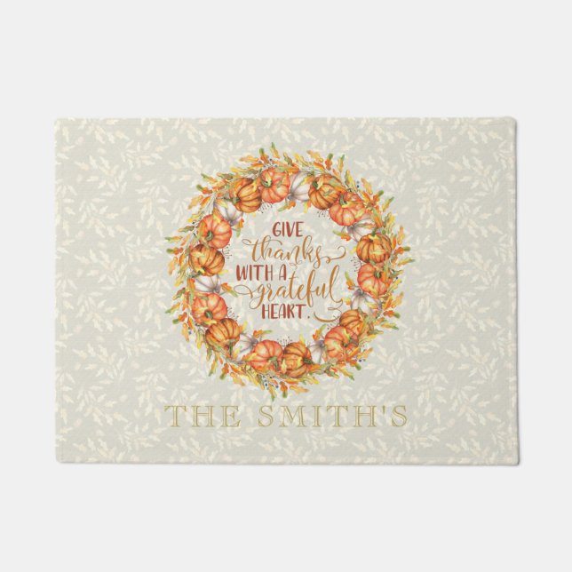 Personalised Give Thanks Pumpkin Wreath Doormat (Front)