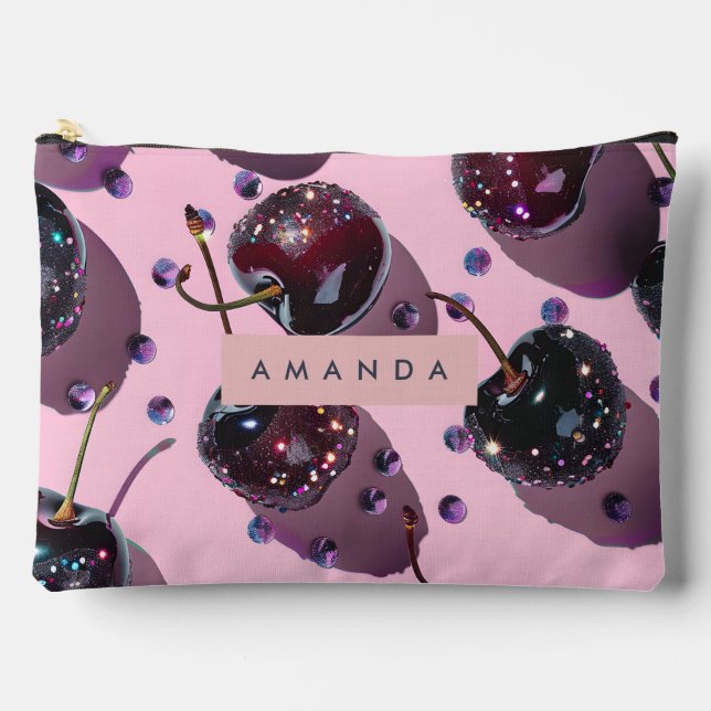Personalised Glam Sparkle Cherry Design Accessory Pouch (Front)