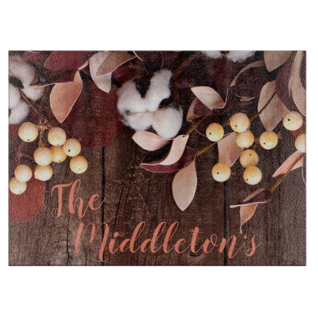 Personalised Glass Cutting Cotton Branch on Dark W Cutting Board (Front)