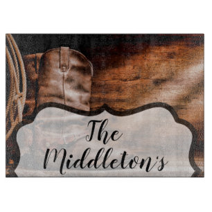 Personalised Glass Cutting Cowboy Boots Barn Wood Board