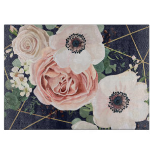 Personalised Glass Cutting Geometric Garden Navy Cutting Board