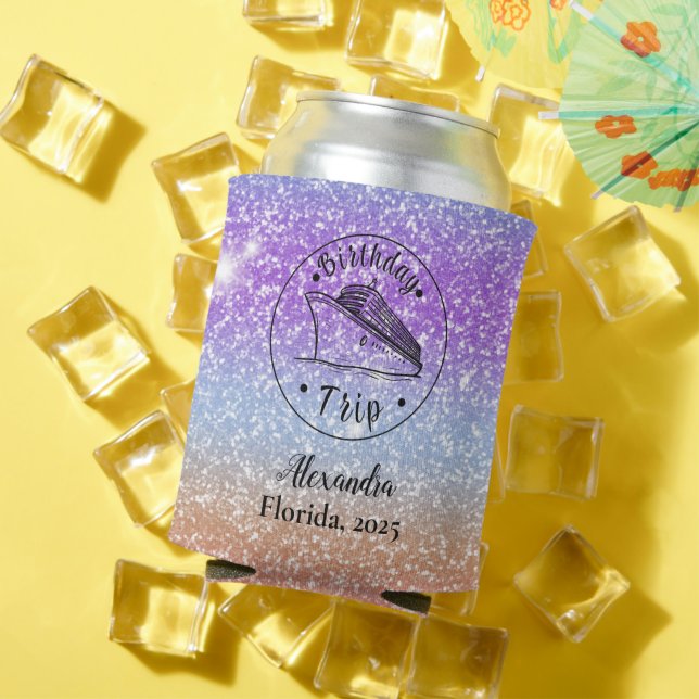 Personalised Glitter Birthday Trip Cruise Can Cooler (In Situ Summer)