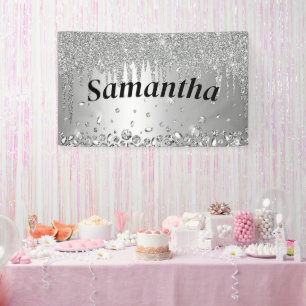 Personalised  Glitter Crystal Diamond Silver Happy Banner