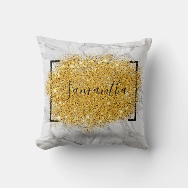 Personalised Glitter Marble Gold Cushion (Front)