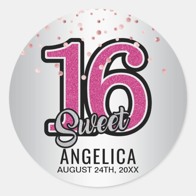 Personalised Glitter Pink Gold Sweet SIXTEEN 16 Classic Round Sticker (Front)