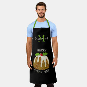 Personalised   GLITTER Pudding Black   Christmas Apron