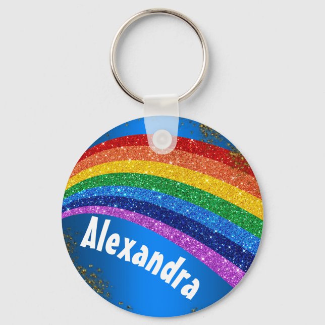 Personalised Glitter Rainbow and Blue Key Ring (Front)