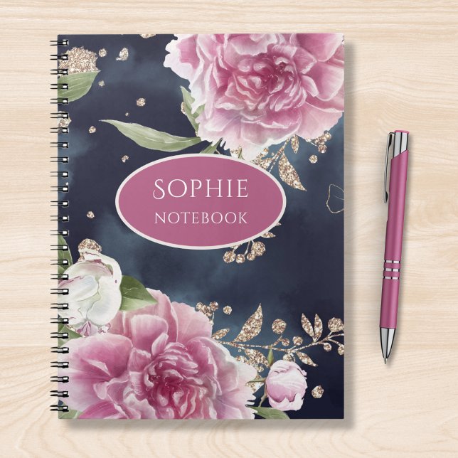 Personalised Glitter Watercolor Pink Floral Girly Notebook (Creator Uploaded)