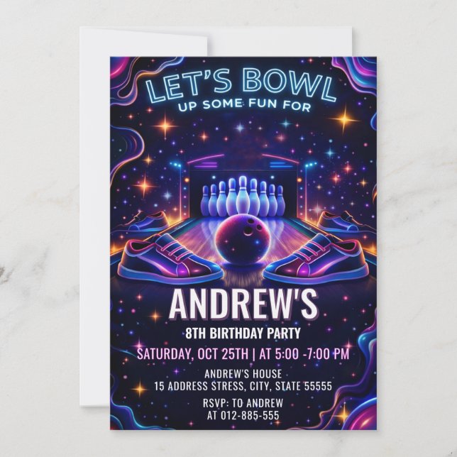 Personalised Glow bowling birthday invitation (Front)