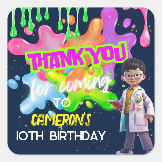 Personalised Glow Slime Science Party Favour Square Sticker (Front)